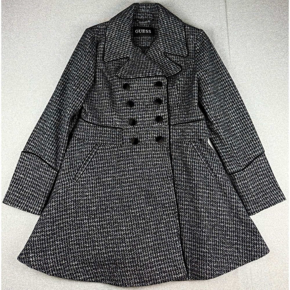 GUESS Womens Large Wool Blend Coat Black White Double Breasted Fit Flare